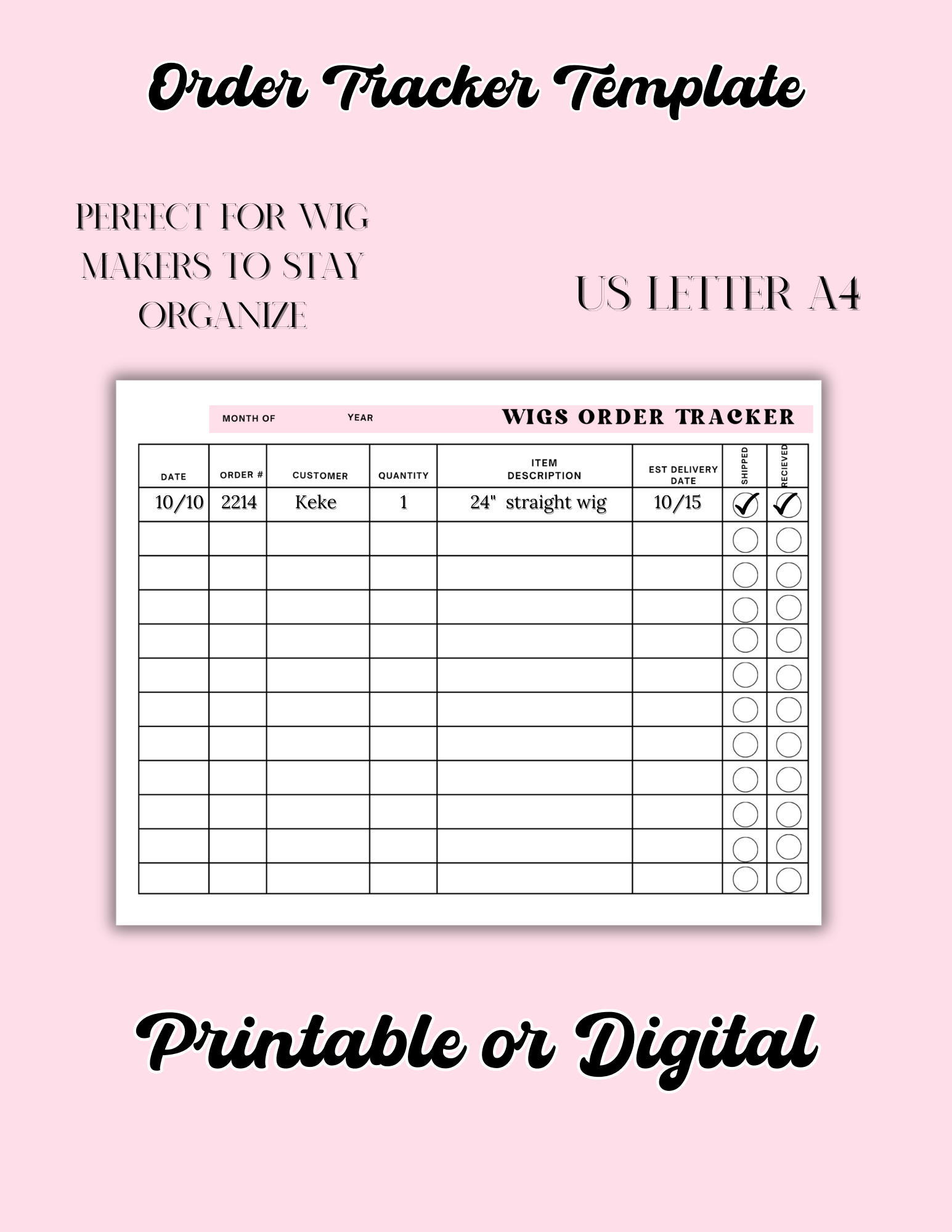 Wig makers Order tracker template