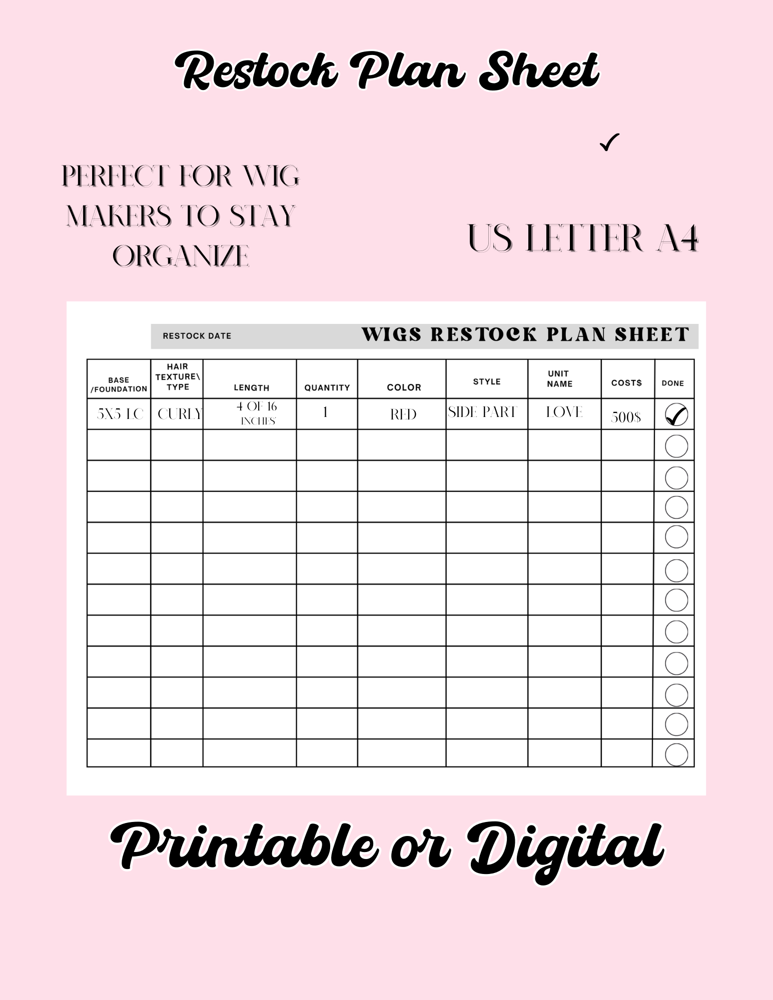 Wig makers restock plan sheet
